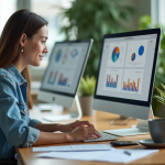 Femme au bureau travaillant sur un ordinateur avec graphiques
