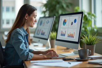 Femme au bureau travaillant sur un ordinateur avec graphiques