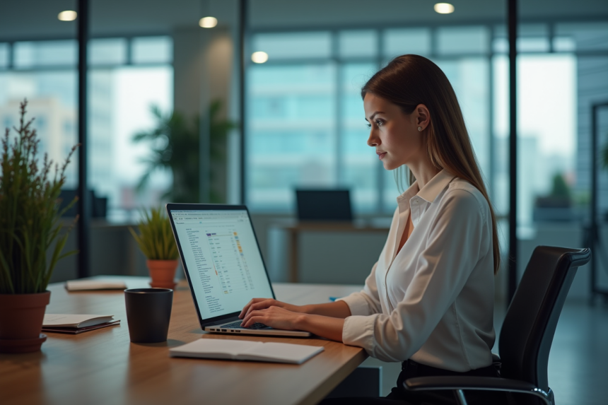 Femme professionnelle travaillant sur un ordinateur avec base de donnees