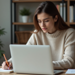 Femme assise à un bureau avec ordinateur et carnet de notes