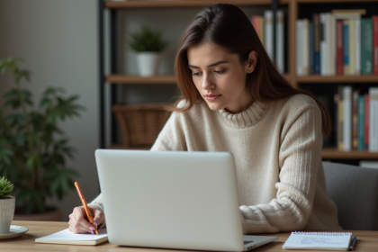 Femme assise à un bureau avec ordinateur et carnet de notes