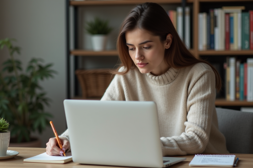 Femme assise à un bureau avec ordinateur et carnet de notes