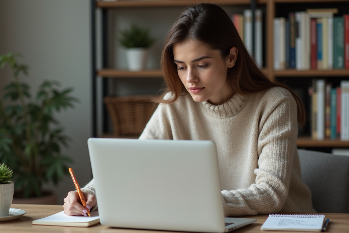 Femme assise à un bureau avec ordinateur et carnet de notes