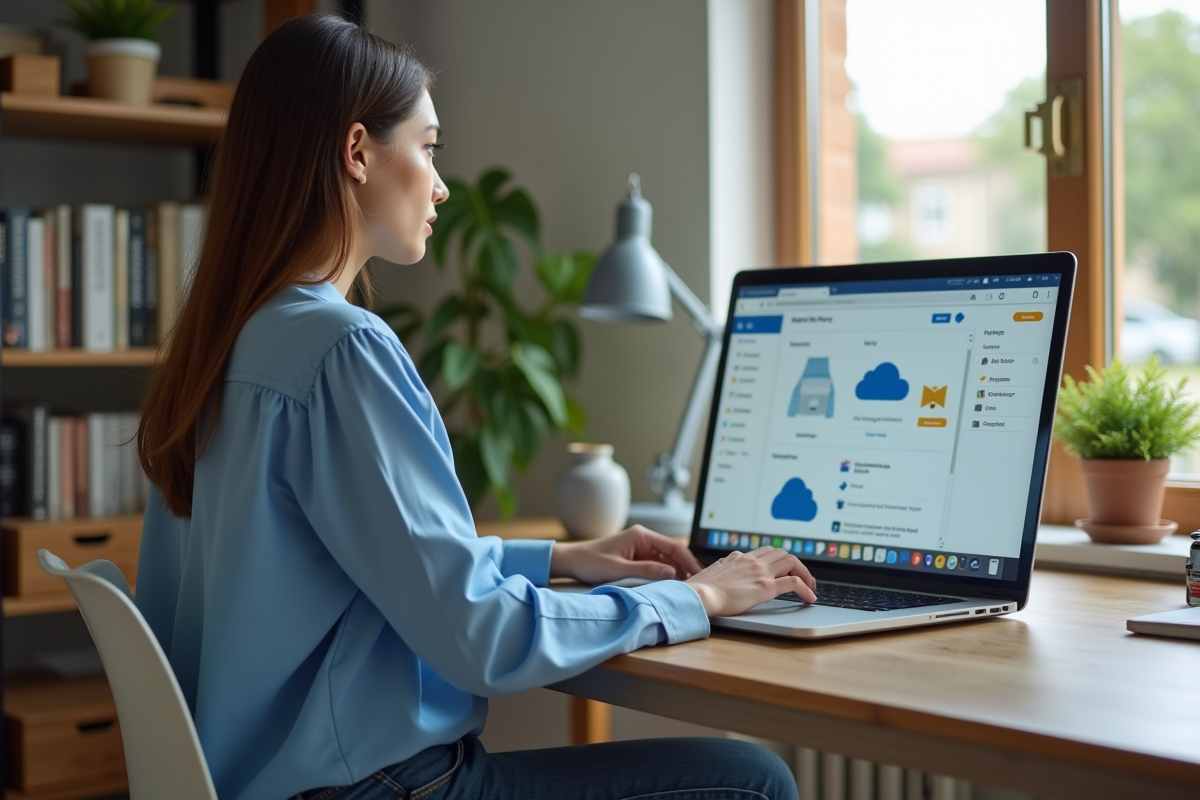 Jeune femme au bureau utilisant un ordinateur portable