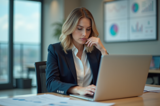 Femme d affaires au bureau avec ordinateur et rapports