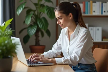 Jeune femme au bureau clique sur l'icône RSS
