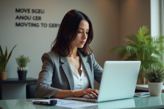 Jeune femme en bureau moderne travaillant sur SEO
