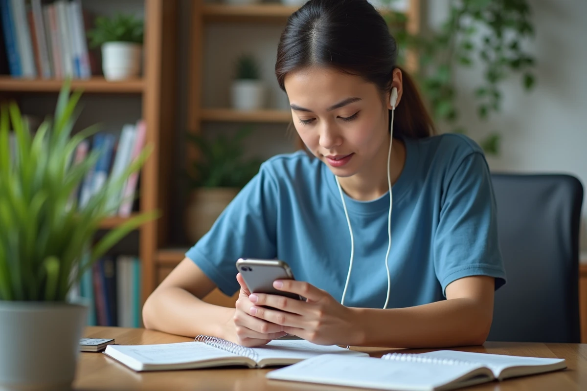 Femme en T-shirt utilise son smartphone dans un bureau lumineux