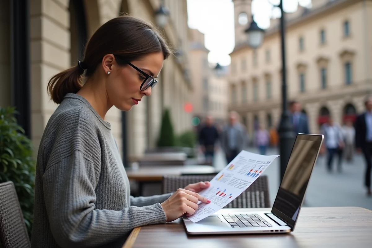 Femme lisant un graphique technique dans un café en plein air