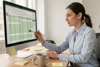 Femme analysant un tableau Excel avec des colonnes de dates sur un grand écran de bureau dans un open space moderne