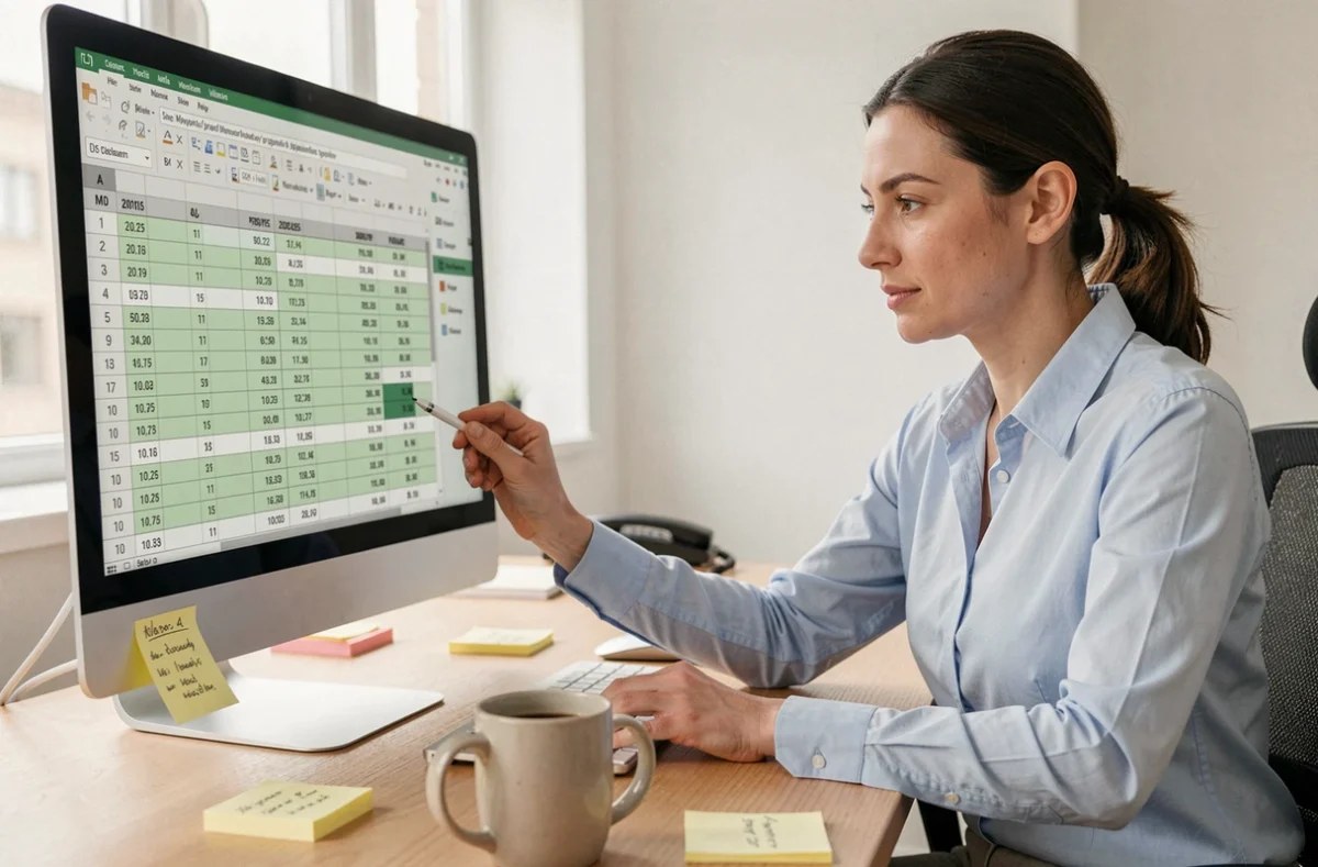 Femme analysant un tableau Excel avec des colonnes de dates sur un grand écran de bureau dans un open space moderne