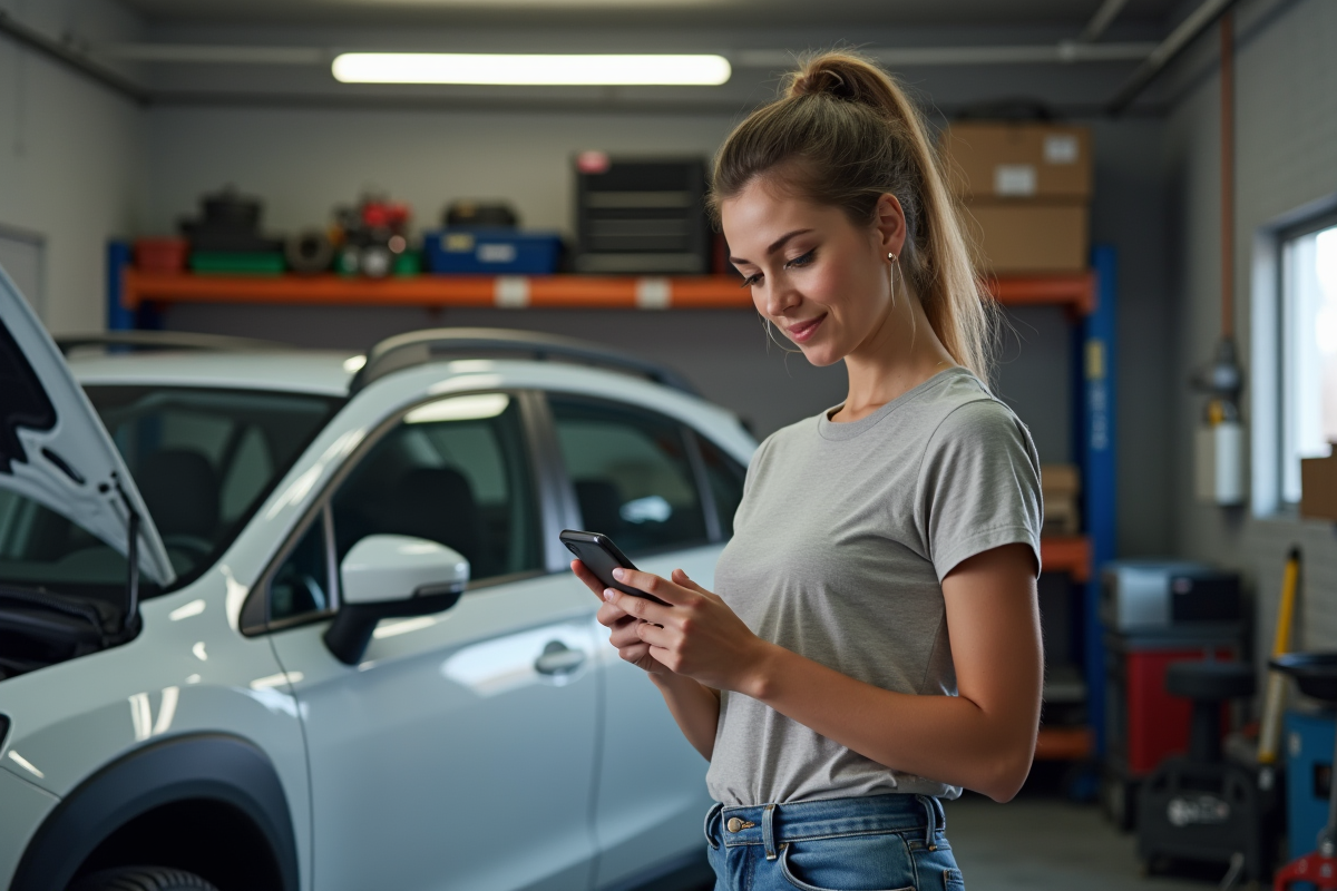 Femme vérifie une commande auto dans un garage lumineux