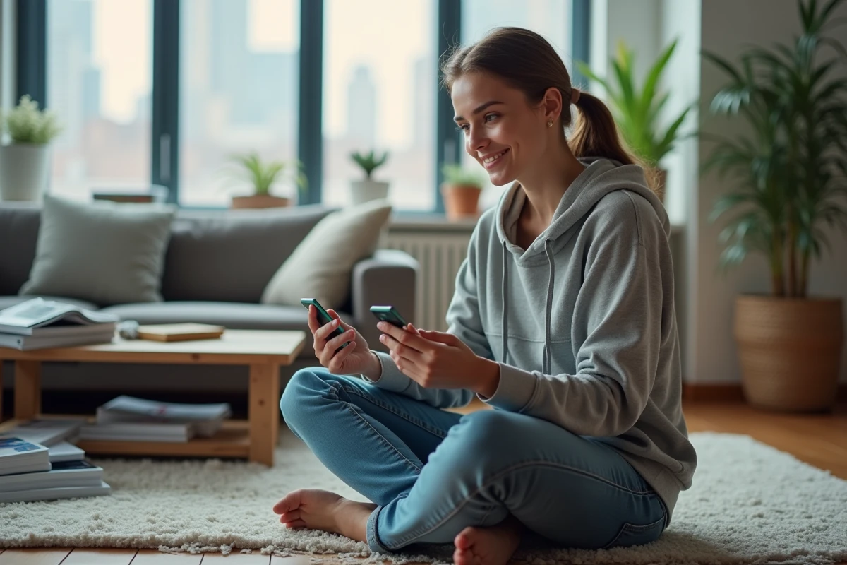 Jeune femme comparant deux processeurs dans un salon cosy