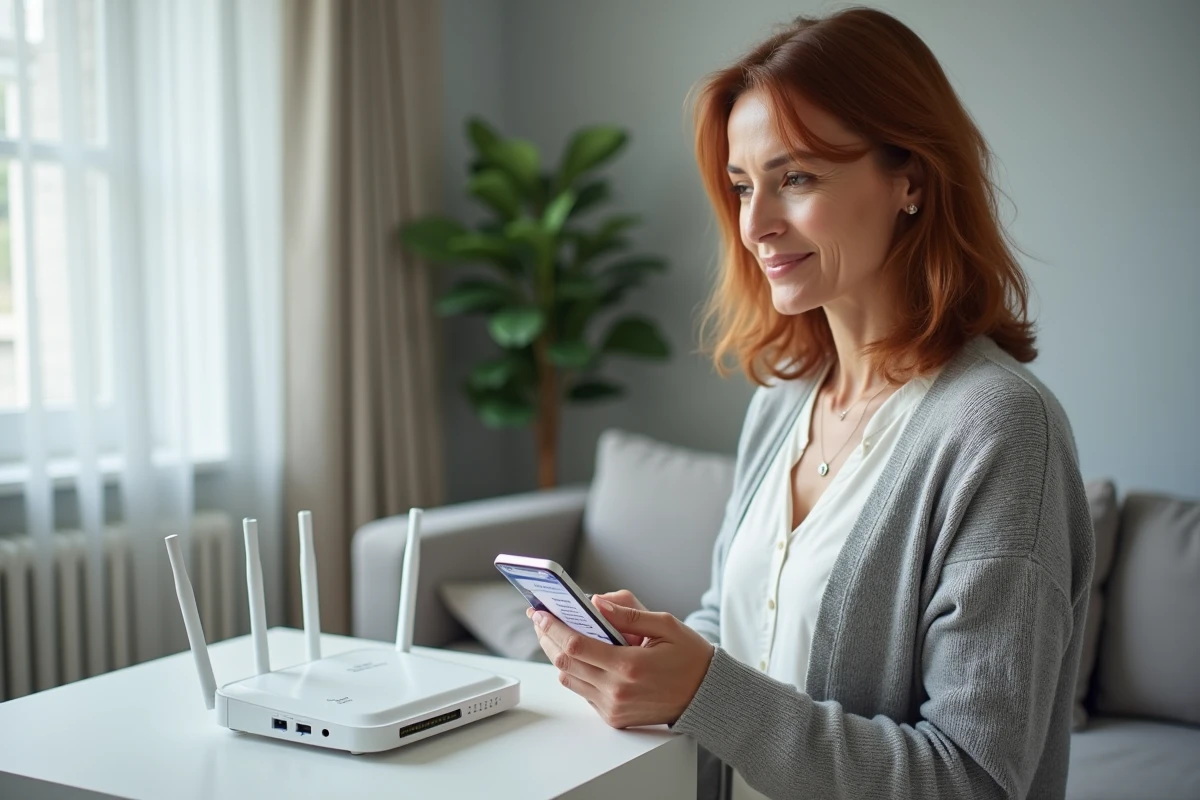 Femme consultant l'adresse IP 192.168.1.1 sur son smartphone pour configurer son routeur à domicile