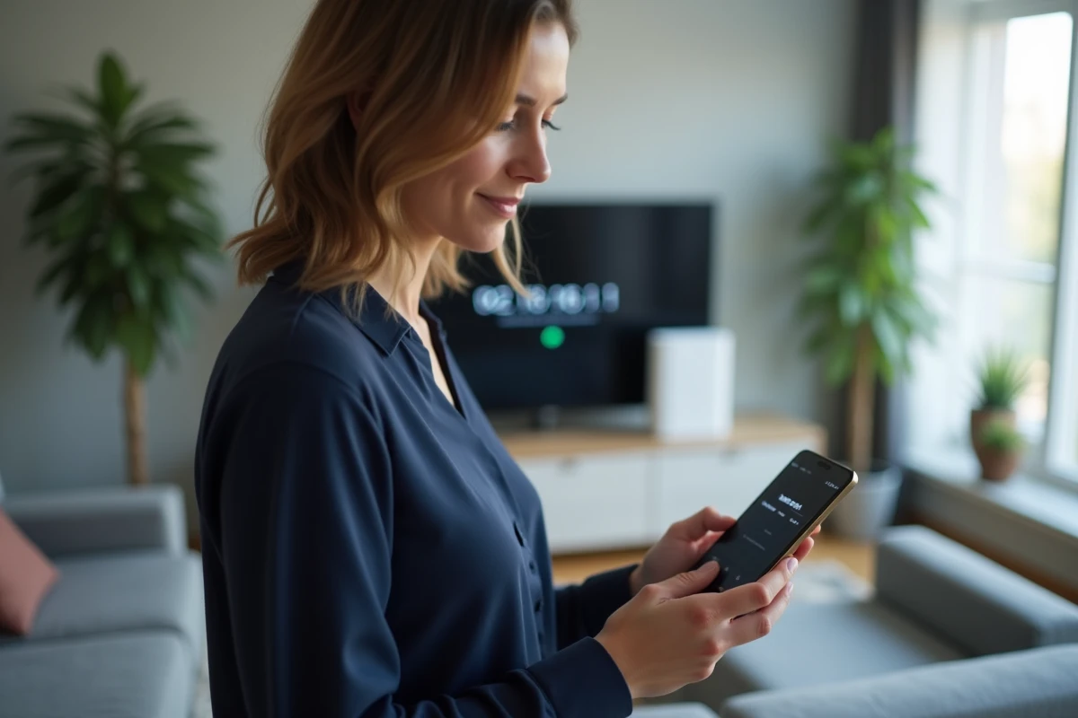 Femme consultant le panneau d'administration WiFi sur smartphone pour optimiser les paramètres réseau via 192.168.1.1
