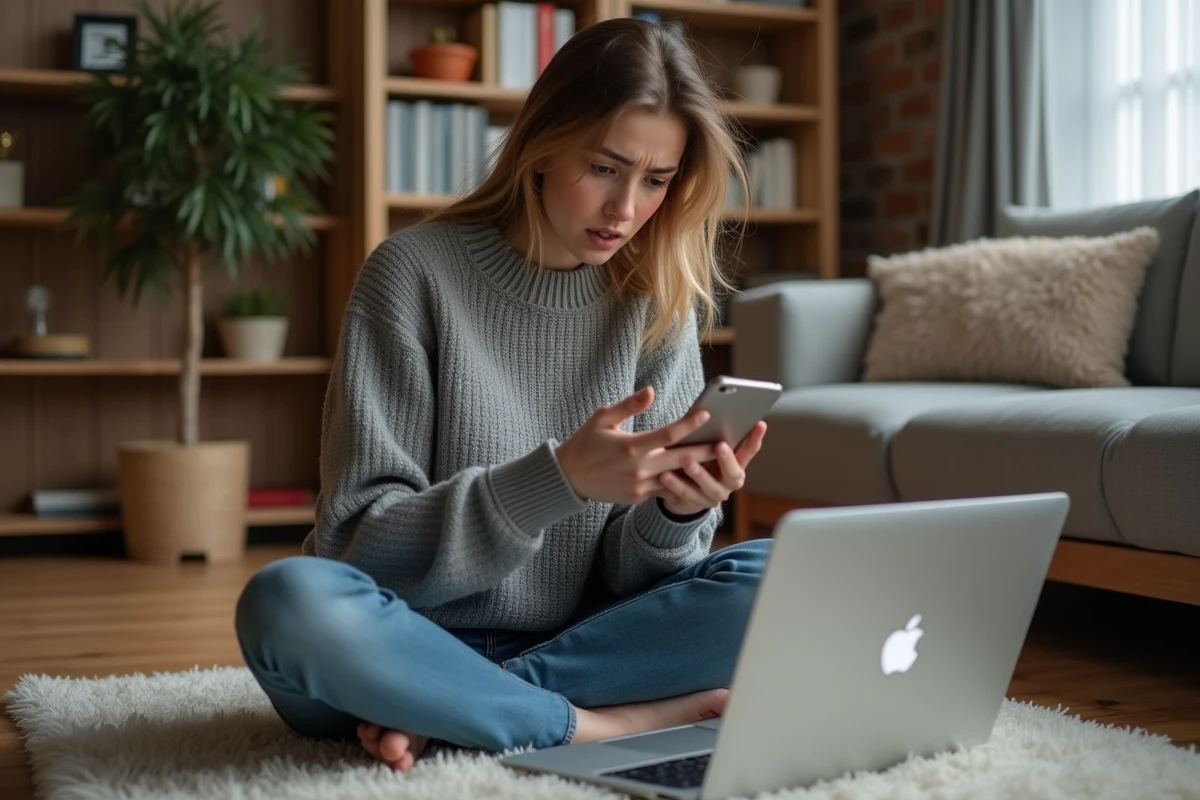 Jeune femme exaspérée avec smartphone et ordinateur portable