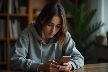Jeune femme consultant des stories Instagram sur son smartphone avec discrétion depuis un bureau à domicile