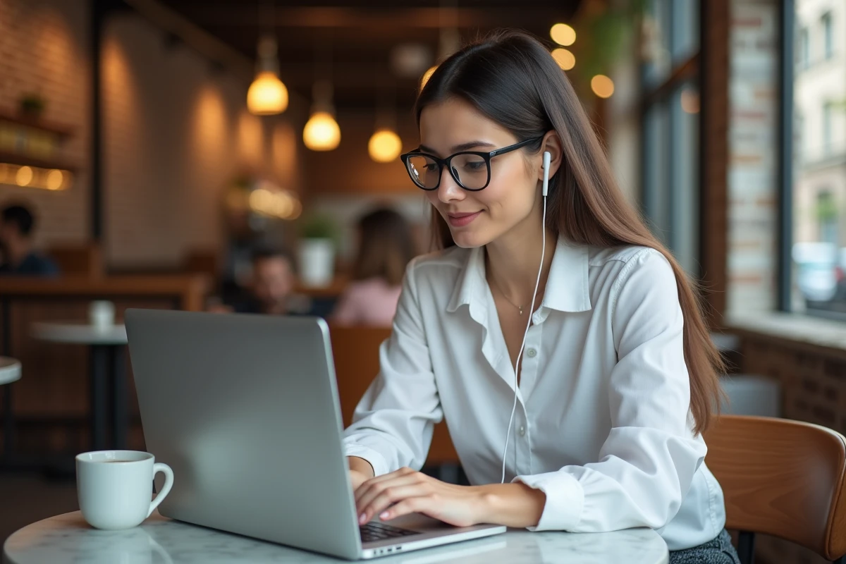 Femme professionnelle convertissant une vidéo YouTube en MP4 dans un café avec son MacBook