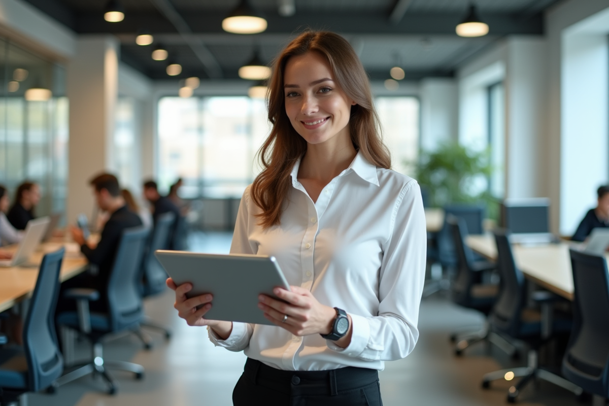 Femme professionnelle utilisant une tablette dans un espace de coworking