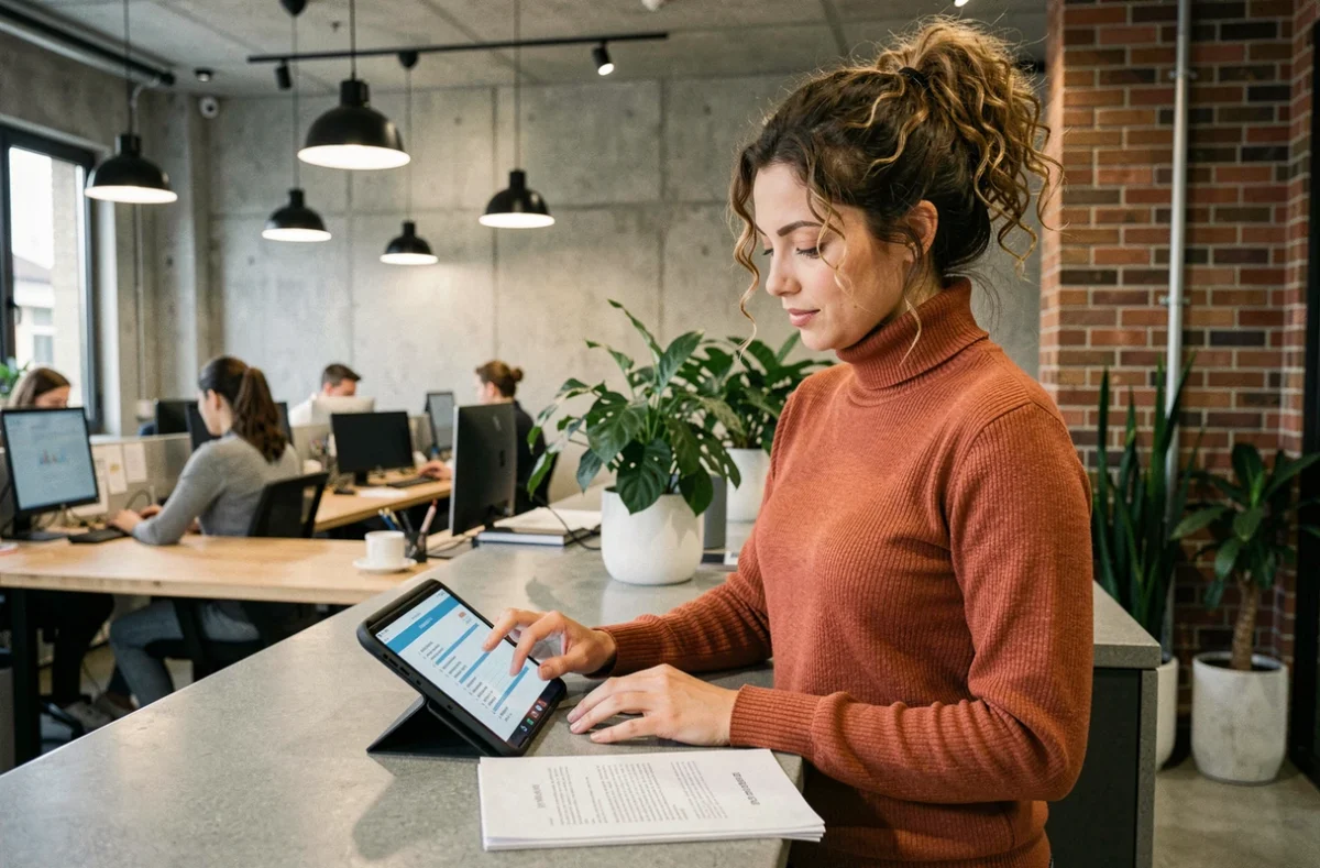 Jeune femme recherchant une aide officielle pour son compte en ligne sur une tablette dans un espace de coworking moderne