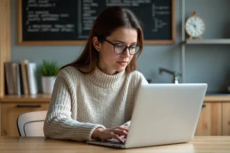 Jeune femme concentrée sur son ordinateur en cuisine