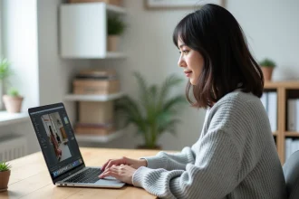 Femme utilisant un outil d'édition d'image sur MacBook Pro dans un bureau à domicile moderne