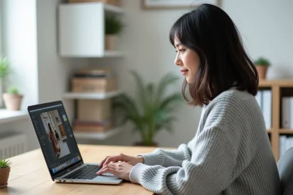Femme utilisant un outil d'édition d'image sur MacBook Pro dans un bureau à domicile moderne