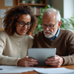 Femme d'âge moyen guidant un homme âgé avec une tablette