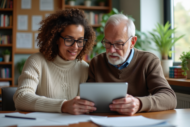 Femme d'âge moyen guidant un homme âgé avec une tablette