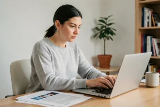 Femme utilisant Swisstransfer sur un ordinateur portable dans un bureau à domicile pour envoyer des fichiers
