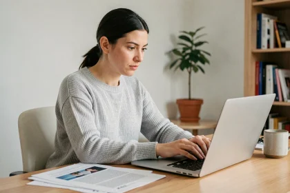 Femme utilisant Swisstransfer sur un ordinateur portable dans un bureau à domicile pour envoyer des fichiers