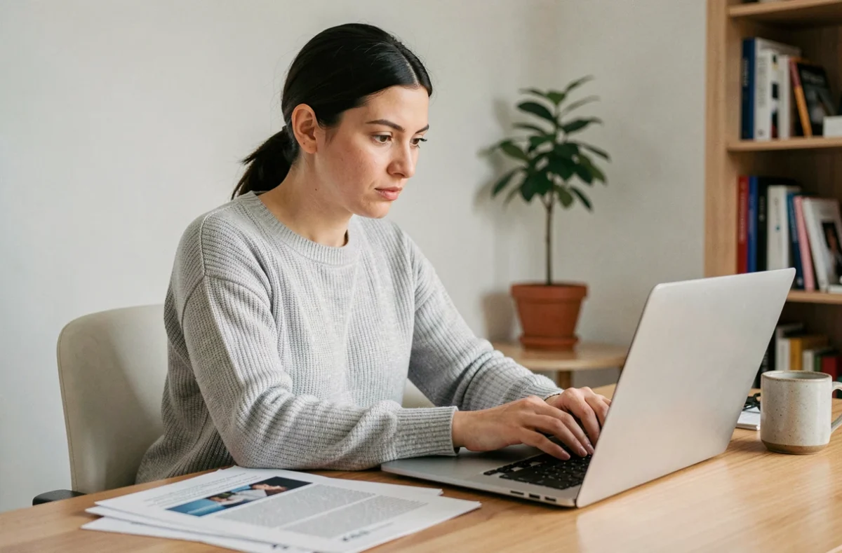 Femme utilisant Swisstransfer sur un ordinateur portable dans un bureau à domicile pour envoyer des fichiers