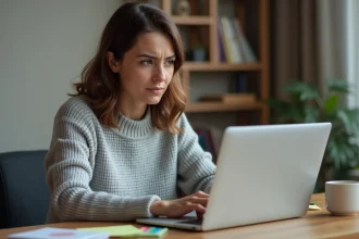 Femme frustrée devant un message d'erreur de connexion mail sur un ordinateur portable dans un bureau à domicile