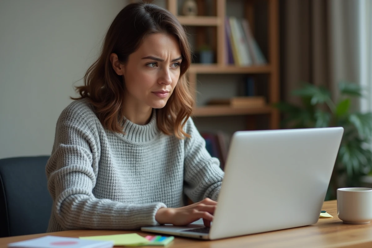 Femme frustrée devant un message d'erreur de connexion mail sur un ordinateur portable dans un bureau à domicile