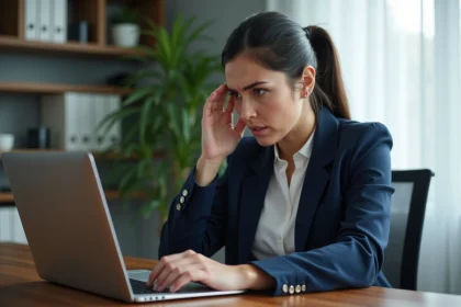 Femme frustrée devant son ordinateur portable face à une erreur de connexion webmail ac Normandie