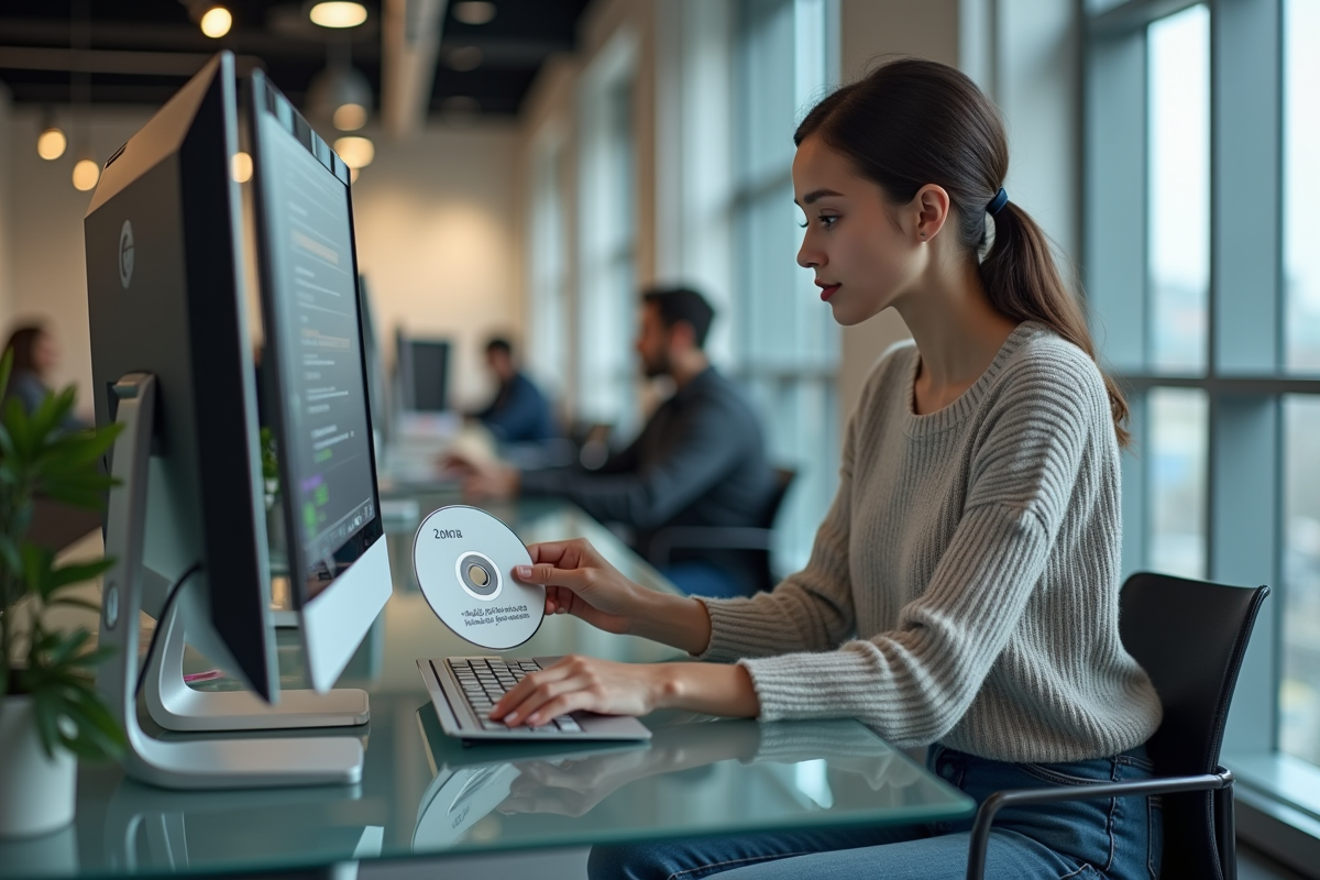 Jeune femme insérant un DVD de sauvegarde dans un ordinateur