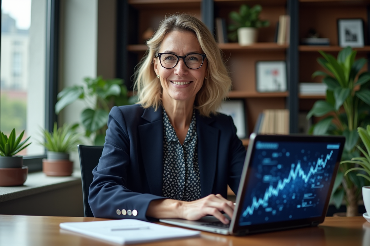 Femme consultante IT travaillant sur un ordinateur dans un bureau moderne