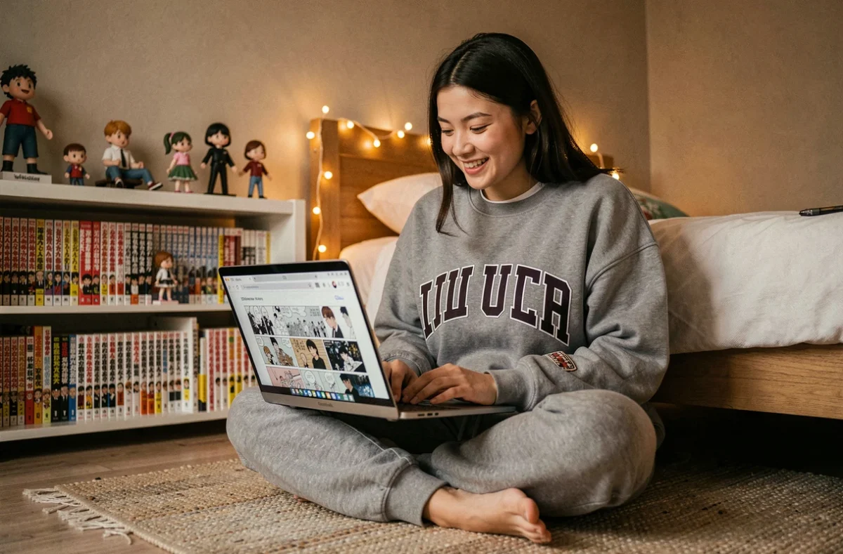 Jeune femme lisant des scans de manga sur son ordinateur portable dans sa chambre entourée de volumes et figurines