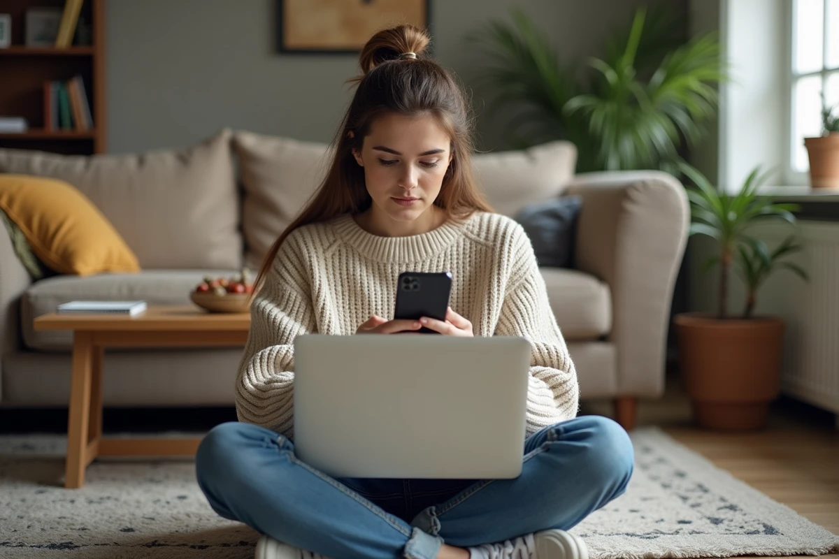 Jeune femme dans un salon en train de résoudre un problème