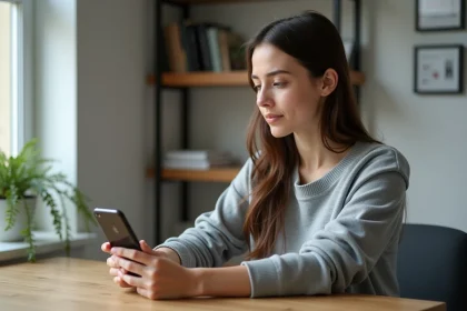 Jeune femme utilisant une application de montage vidéo sur smartphone pour ajouter des sous-titres, assise dans un bureau à domicile moderne