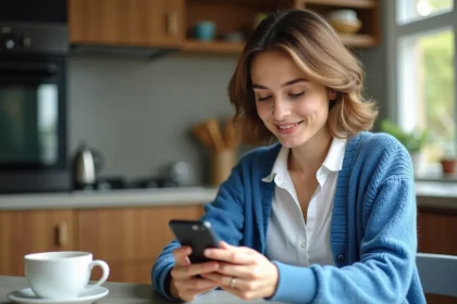 Jeune femme concentrée sur son smartphone dans la cuisine