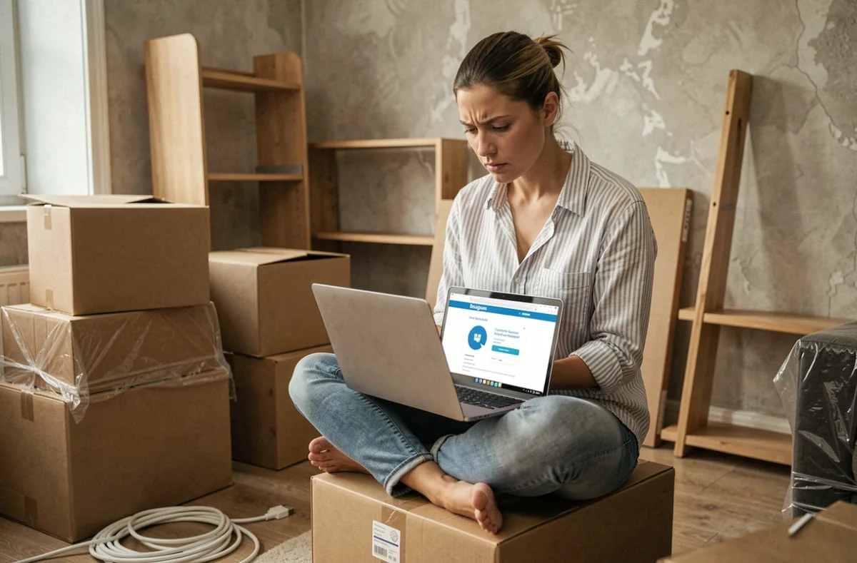 Femme assise sur un carton de déménagement avec un ordinateur portable consultant le support Bouygues Telecom pour résoudre une erreur de connexion