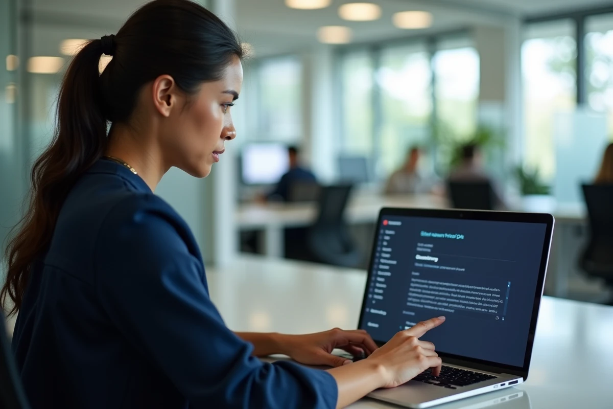 Femme consultant les paramètres clavier sur son PC portable au bureau