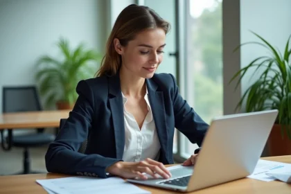Femme professionnelle consultant son CV international sur un ordinateur portable dans un espace de co-working moderne