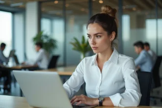 Femme professionnelle accédant à sa messagerie webmail sur un ordinateur portable dans un bureau moderne