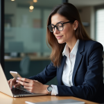 Jeune femme en blazer bleu gère ses réseaux sociaux au bureau