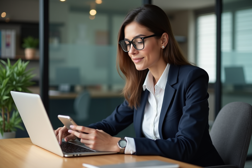 Jeune femme en blazer bleu gère ses réseaux sociaux au bureau