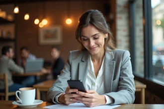 Femme professionnelle consultant son smartphone Android à haute autonomie dans un café urbain