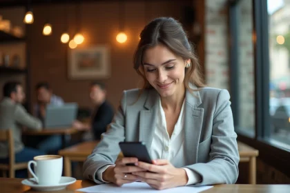 Femme professionnelle consultant son smartphone Android à haute autonomie dans un café urbain