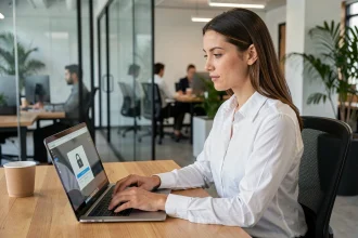 Femme professionnelle utilisant SwissTransfer sur un ordinateur portable dans un bureau moderne pour partager des fichiers en toute sécurité
